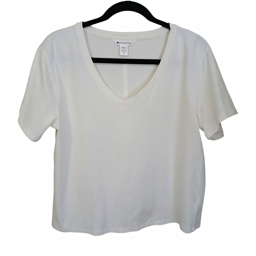 Athleta White V-Neck T-Shirt Women's Size Medium M Short Sleeve Athleisure Tee